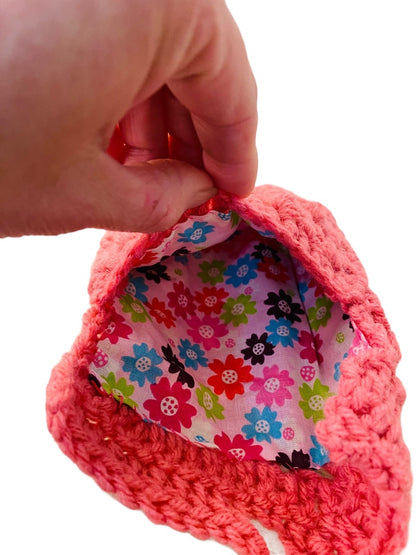 Handmade Crochet Pouch Pink Lined Floral Accessory Silvertone Button Closure 5.5"h x 5"w