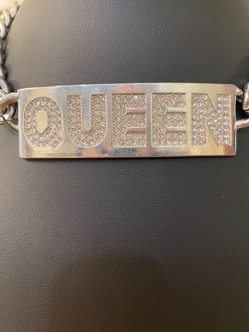 "QUEEN" Silvertone Embellished Chunky ID Style Choker Necklacce 16"