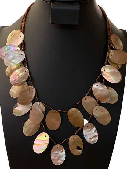 Shell and Seed Bead Statement Necklace Layered Bib Look Lobster Clasp 19-21"