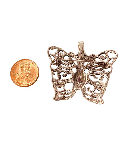 Silvertone Butterfly Pendant Brooch Purple Jewel 1.5" Filigree Style