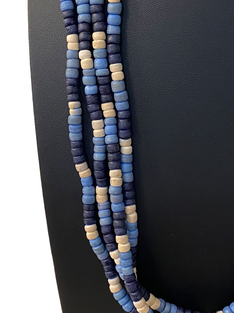 Vintage 1970s Blue Wooden Bead Statement Necklace Hook Closure Four Strand 27"