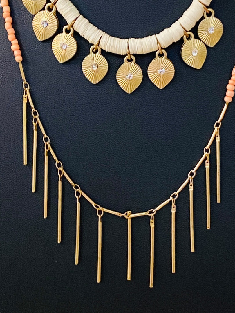 Dual Strand Layered Necklace Pink Seed Beads Goldtone 18-20"