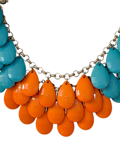 Statement Necklace Teal Coral Goldtone Funky Lays Flat Faceted Acrylic Beads
