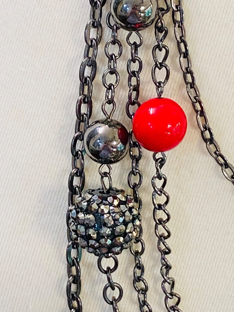 Pewter Color Layered Look Necklace Red Bead Lobster Clasp 27" Long