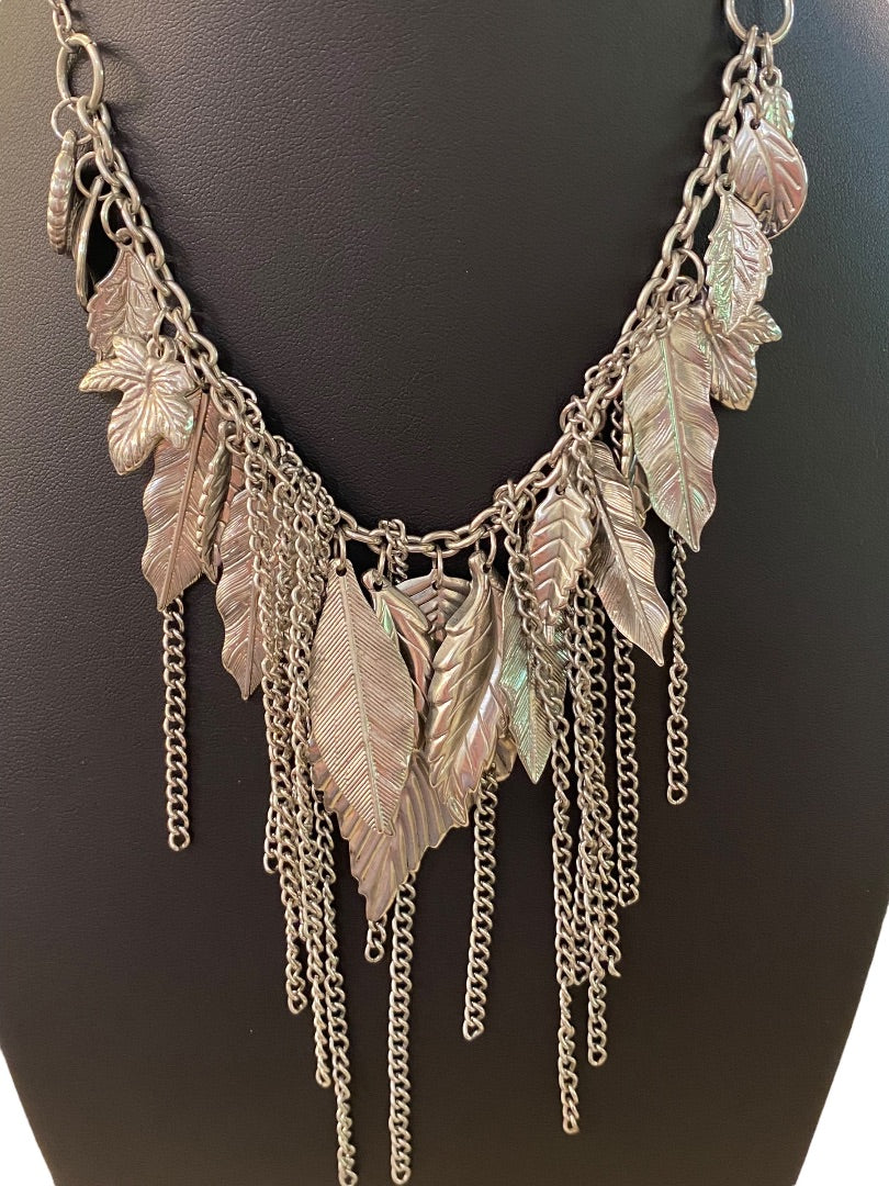 Silvertone Layered Boho Necklace Leaf and Chain Statement 16-18"