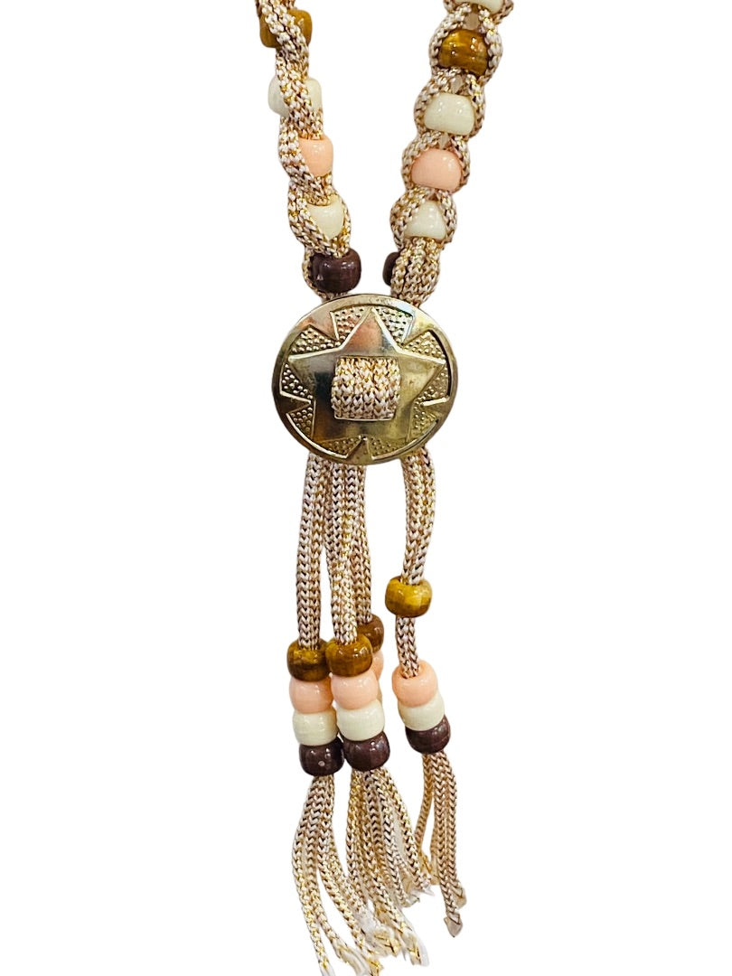 Braided Plastic Bead Necklace 32" Overhead Goldtone Pink Brown Lightweight 5" Tassel