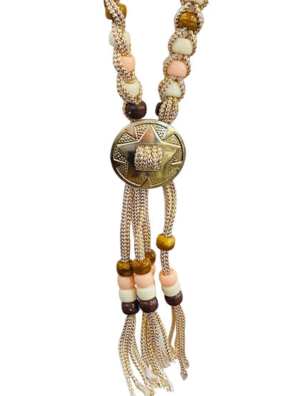 Braided Plastic Bead Necklace 32" Overhead Goldtone Pink Brown Lightweight 5" Tassel