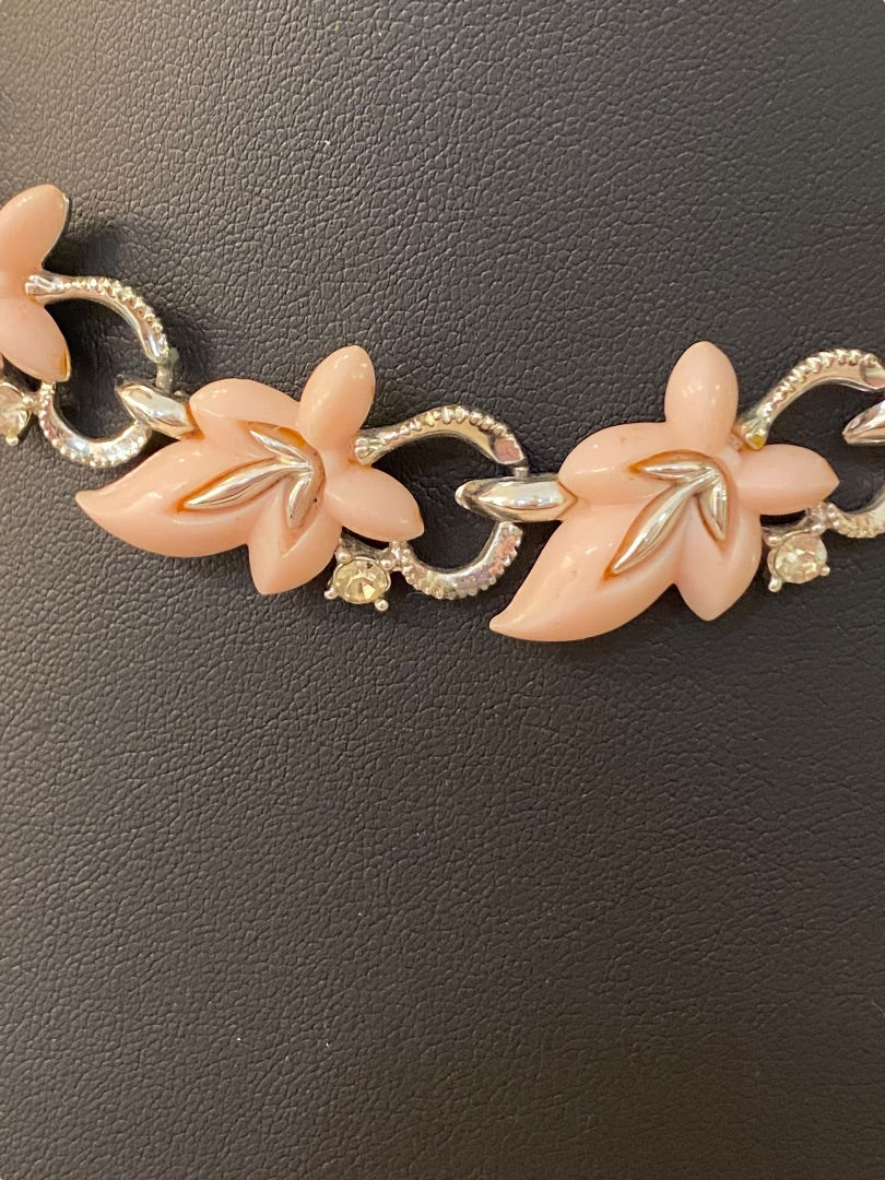 Vintage 13-15" Necklace Hook Closure Pink Plastic Leaf Silvertone