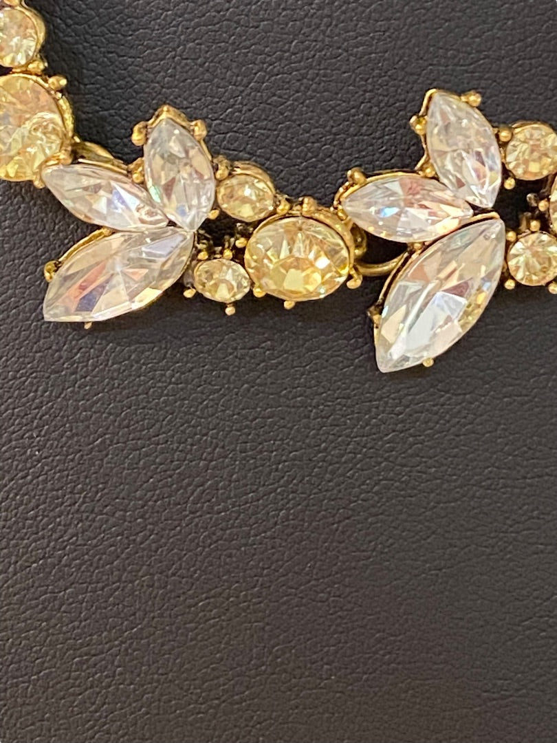 Goldtone Statement Necklace Vine Design Green Clear Faceted Jewels 16-18" Lays Flat