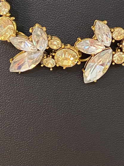 Goldtone Statement Necklace Vine Design Green Clear Faceted Jewels 16-18" Lays Flat