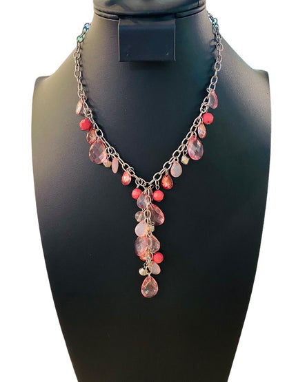 Silvertone Necklace Pink and Mauve Acrylic Faceted Beads 16-19" with 3" Drop