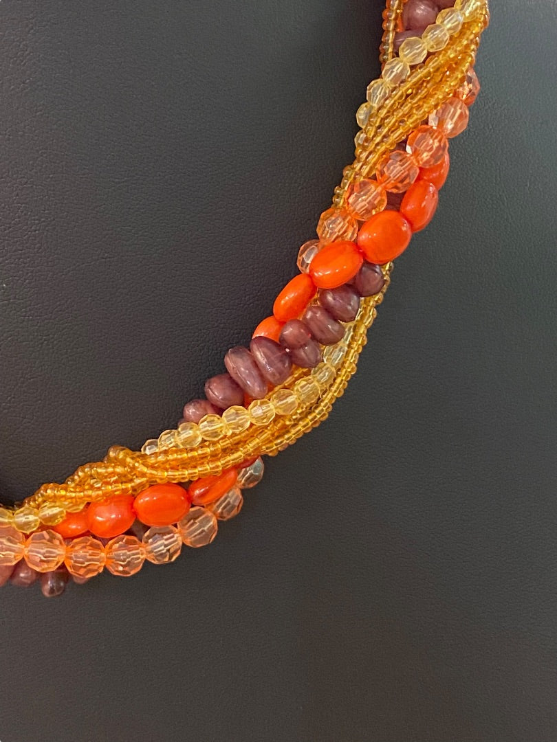 Vintage Twist Multistrand Acrylic Beaded Necklace 18-21" Orange Brown Lobster Clasp
