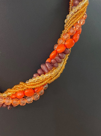 Vintage Twist Multistrand Acrylic Beaded Necklace 18-21" Orange Brown Lobster Clasp