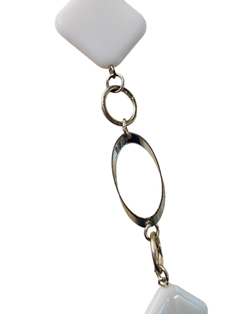 Silvertone and White Acrylic Square Necklace Overhead 34" Lightweight