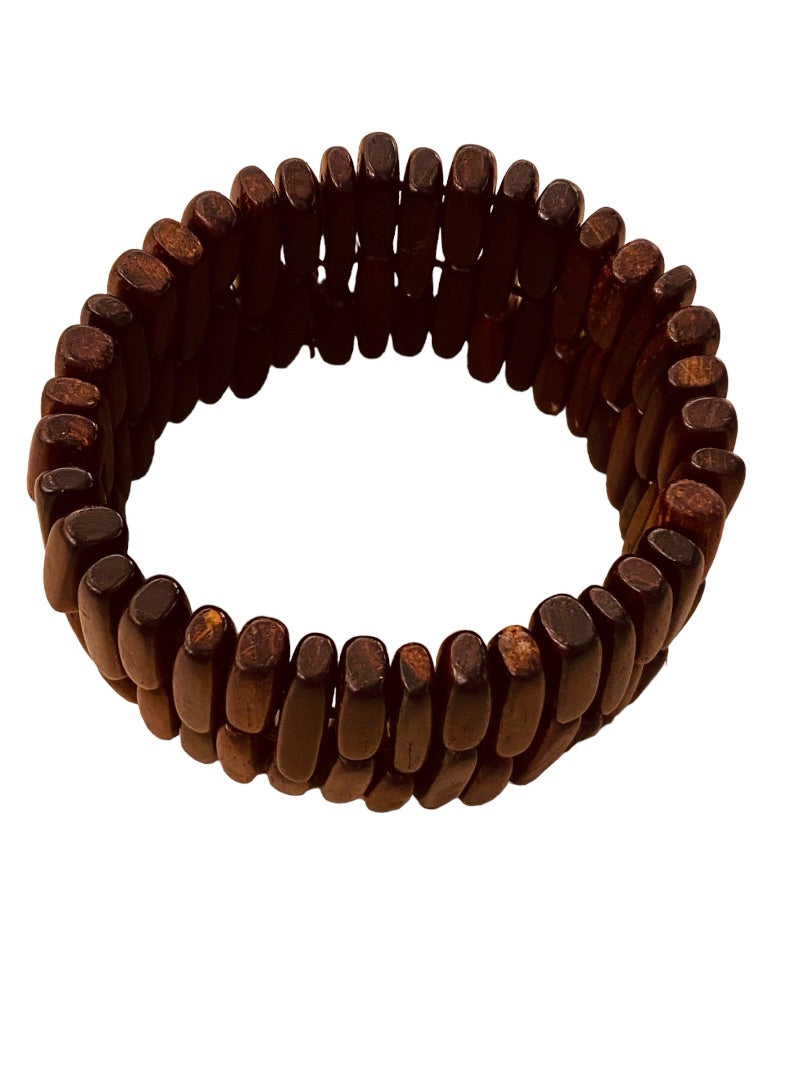 Brown Beaded Oblong Cuff Stretch Bracelet 1.5" Thick Boho Look