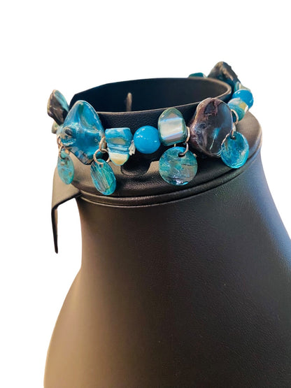 Teal Black Beaded Stretch Bracelet Glass Beads  Dangle Shells