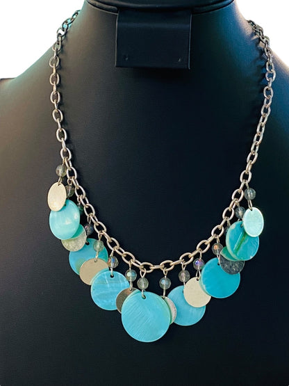 Silvertone and Aqua Charm Layered Circle Necklace 16-19" Lobster Clasp