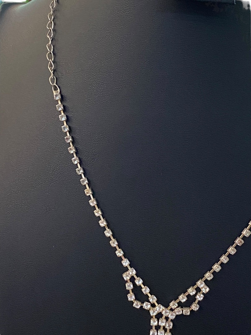 Rhinestone Formal Silvertone Necklace 21" Lobster Clasp 2" Drop