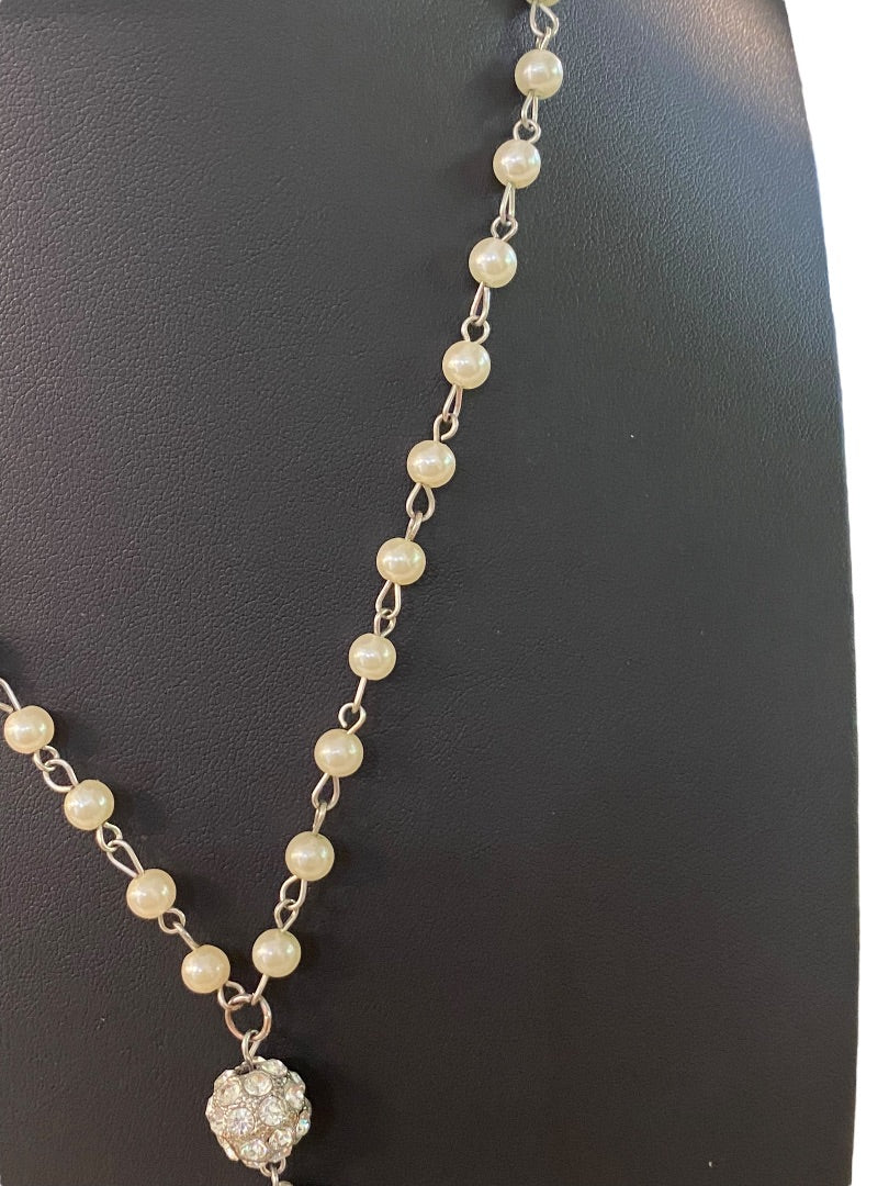 Silvertone Faux Pearl 19" Necklace Tassel 6" Drop Rhinestone Sparkle Lobster Clasp