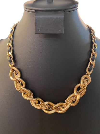 Goldtone and Black Cord Chunky Dual Strand Chain Necklace 17-19" Lobster Clasp