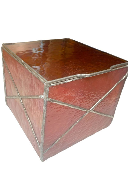 Amber  Stained Glass Lidded Hinged Box Footed Decorative Storage 6.5" Square x 5"h