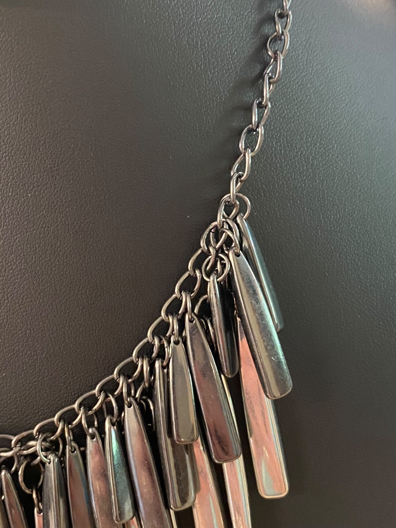 New York & Co Pewter Color and Silvertone Fringe Necklace 18-21" Lobster Clasp 1.5" Drop