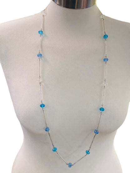 Silvertone Blue Aqua Beaded Overhead 36" Strand String Necklace