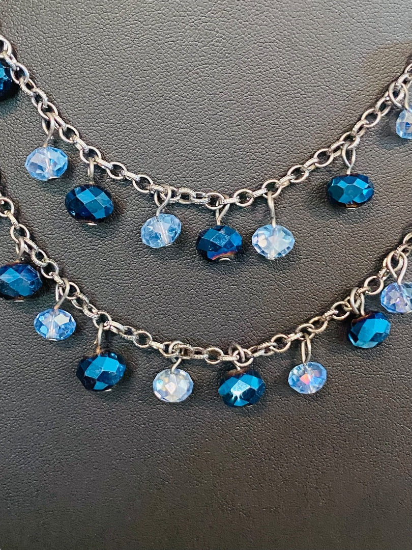 Dark Silvertone Blue Beaded Layered Necklace Floral 19" Lobster Clasp