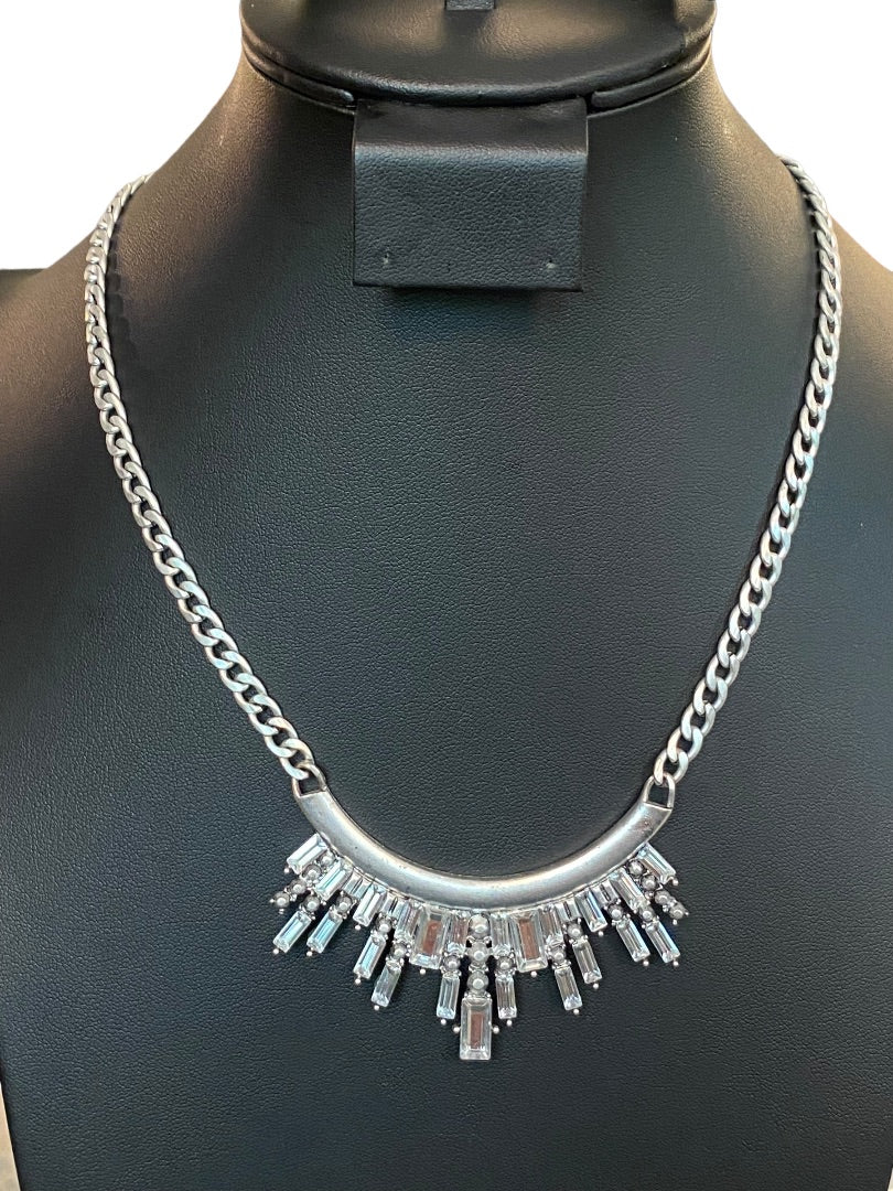 Silvertone Necklace 18"-21"Demilune Attached Pendant Lobster Clasp