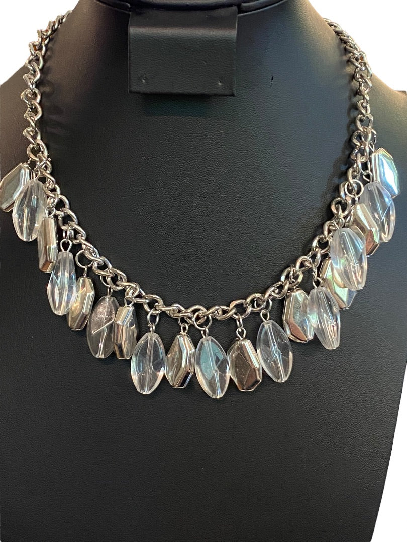 Silvertone 17" Statement Necklace Clear Charm Beads Lobster Clasp