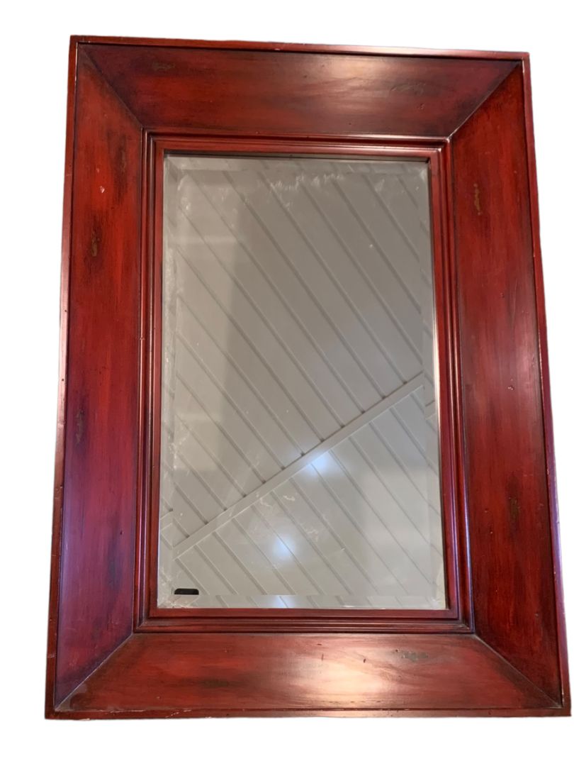 Large Heavy Wooden Framed Beveled Mirror Cherry Color 43" x 30"