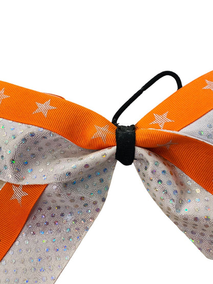 Girls Oversize Hair Bow 8" Elastic Ponytail Silver Orange Star Print