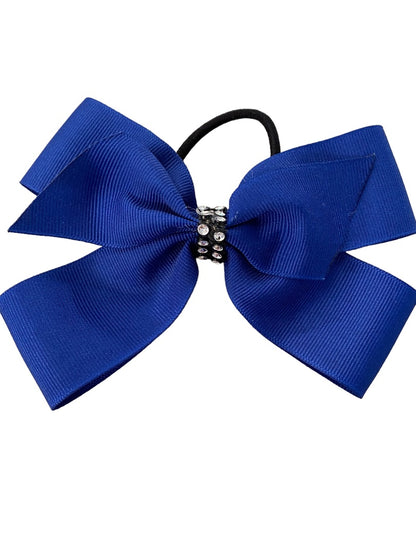 Girls Oversize Hair Bow 5" Elastic Ponytail Blue Bejeweled