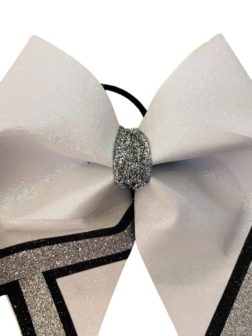 Girls Oversize Hair Bow 8" Elastic Ponytail Holder White Black Glitter