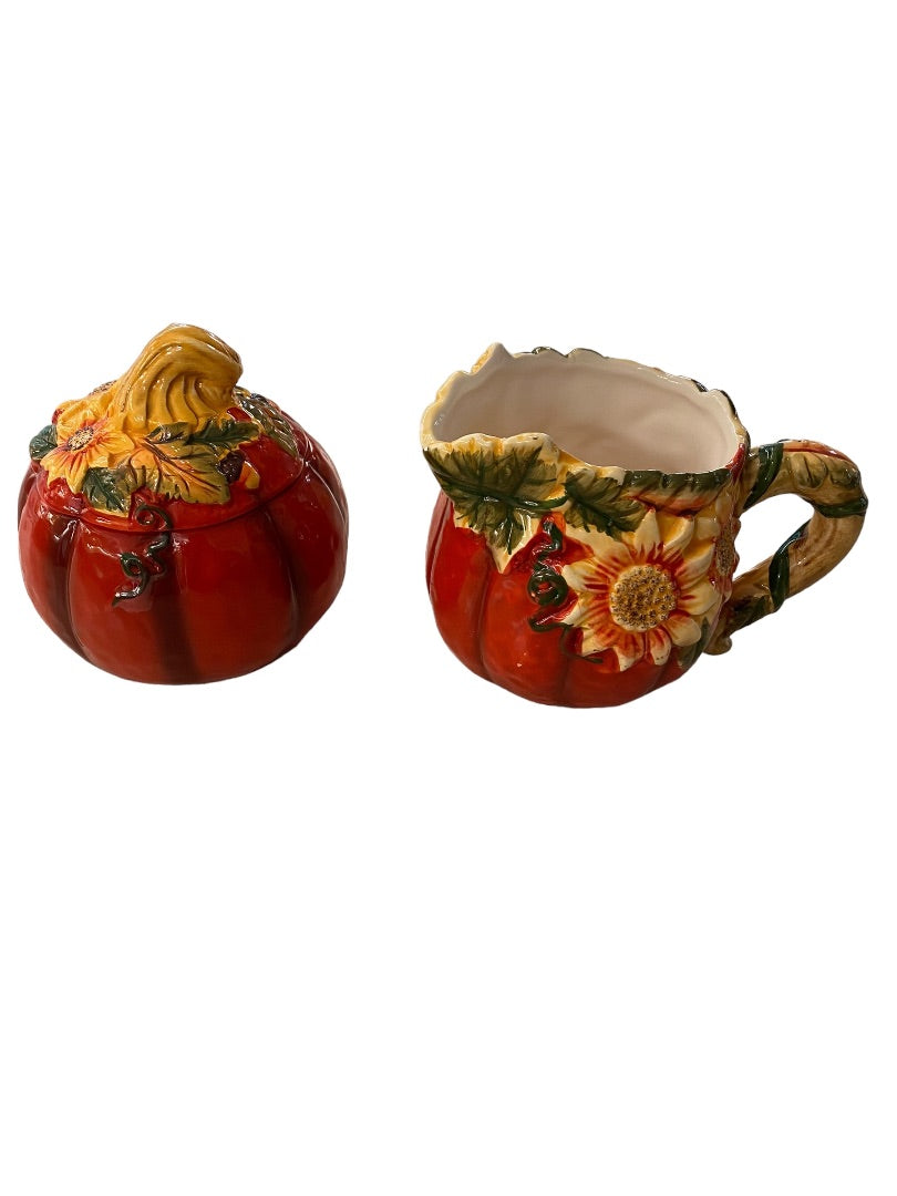 Country Road Ceramic Creamer and Lidded Sugar Bowl Pumpkin Fall Autumn