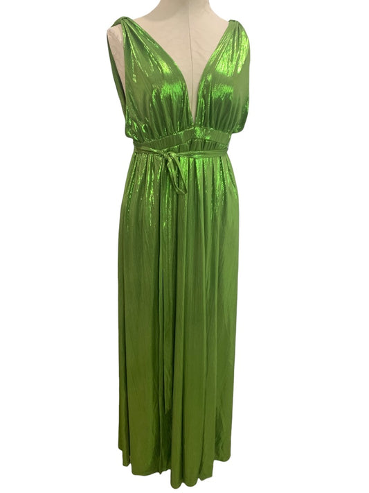 Large Sincerely Jules Womens Green Metallic Deep V-Neck Sleeveless Gown Stretch