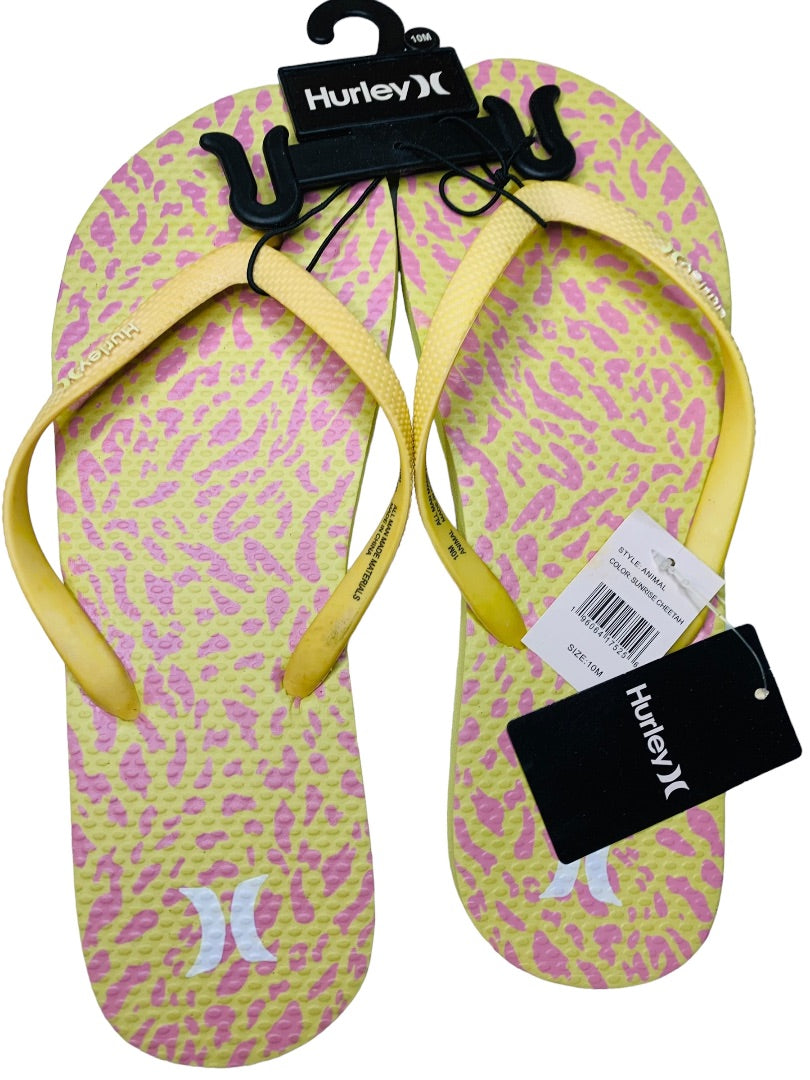 10M Hurley Womens New Animal Flip Flops Yellow Pink Cheetah Sunrise