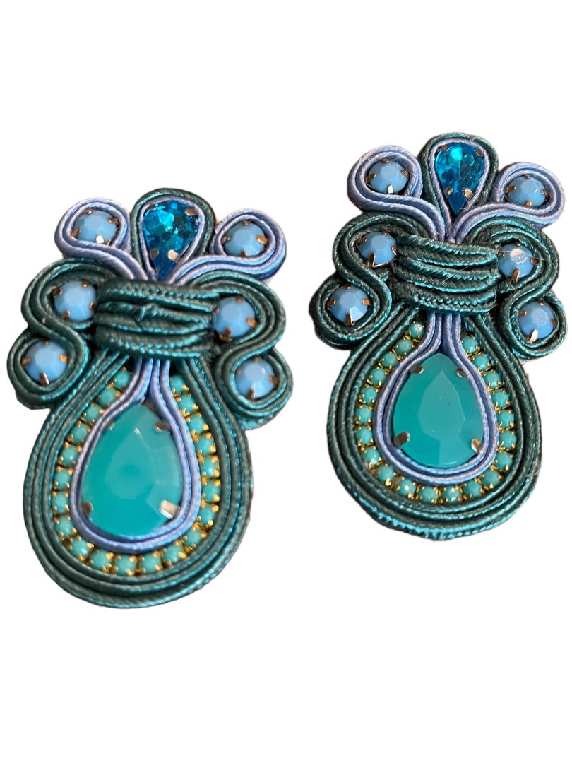 Soutache Post Earrings Flat Ribbon Statement Teardrop Turquoise Ornate 2.5"