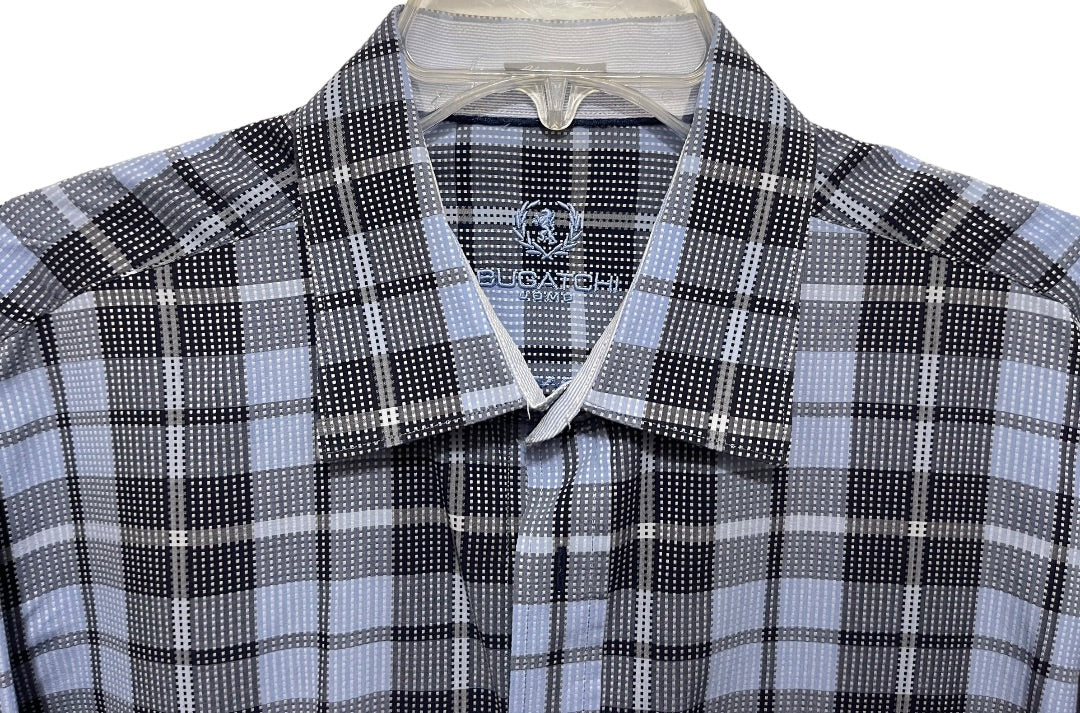 XL Bugatchi Uomo Mens Button Up Plaid Dress Shirt Blue Classic Fit 100% Cotton