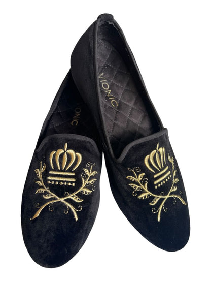 7.5 M Vionic Romi Black Velvet Flat Smoking Loafer Comfort Regal Crest Embroidered