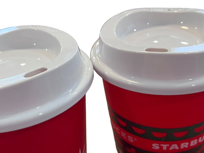 Starbucks 2 Christmas Coffee Cups & Lids Red Holiday Plastic 25 Years Tall 16oz Brand New