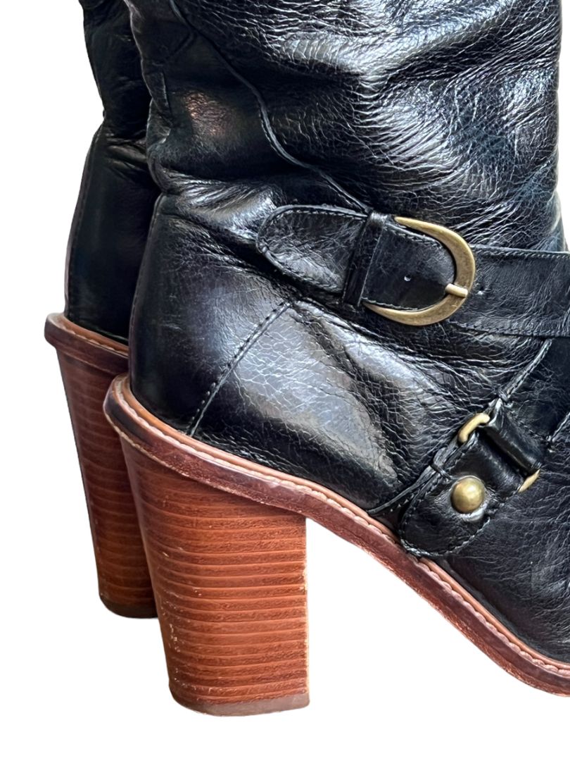Size 8M Boutique Women's Charissa Black Leather Over the Knee Buckle Heeled Boots Boot