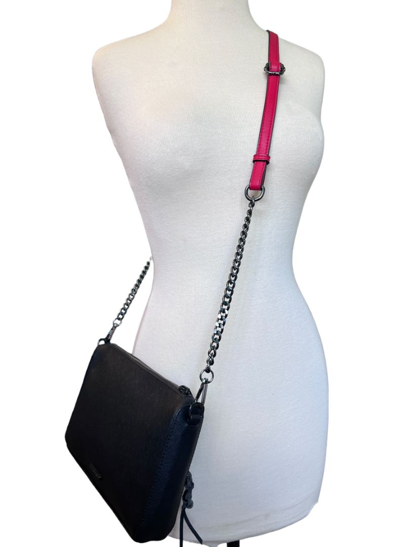 Rebecca Minkoff Black Avery Saffiano Leather Crossbody Bag Pewter Tone Hardware Red Leather Strap Detail Chain Strap