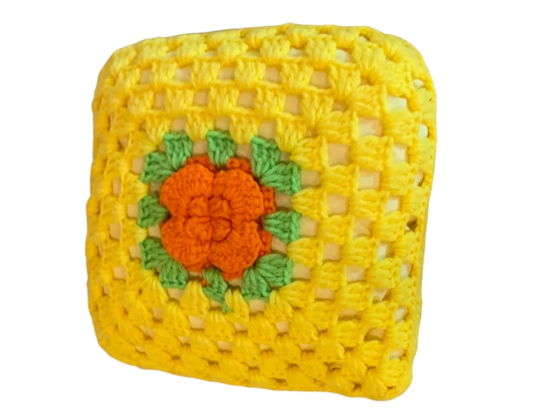 Vintage 1980s Crochet Cover Flower Throw Pillow 10" Accent Yellow