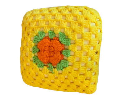 Vintage 1980s Crochet Cover Flower Throw Pillow 10" Accent Yellow