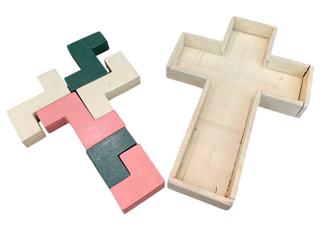 Vintage Wooden Cross Puzzle Toy 6 Pieces with Wooden Cross Box