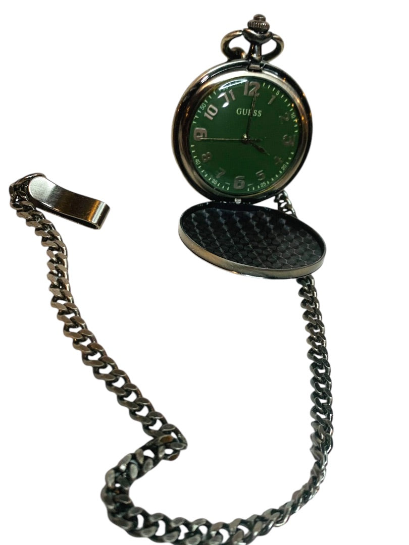 Guess Pocket Watch Working Green Face Leather Case Pewter Color 17" Chain Retro