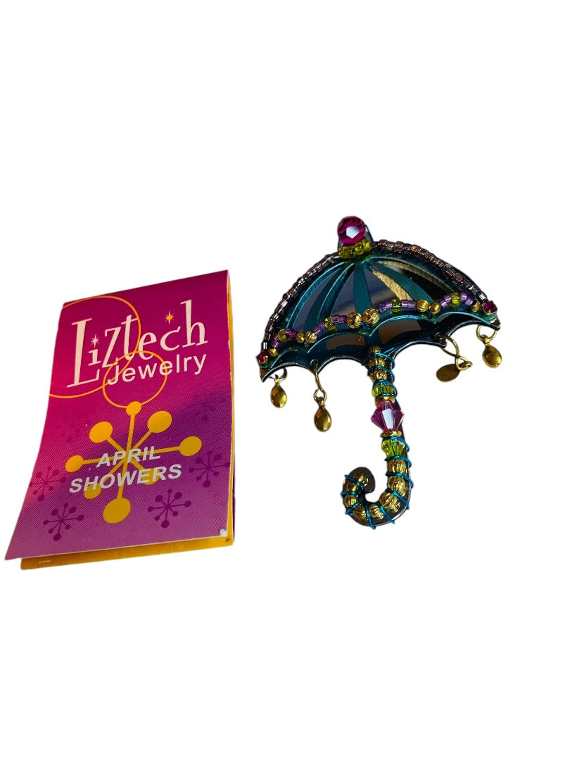 Signed Liztech Jewelry April Showers Brooch Pin 2008 Umbrella 2.5" with Tag