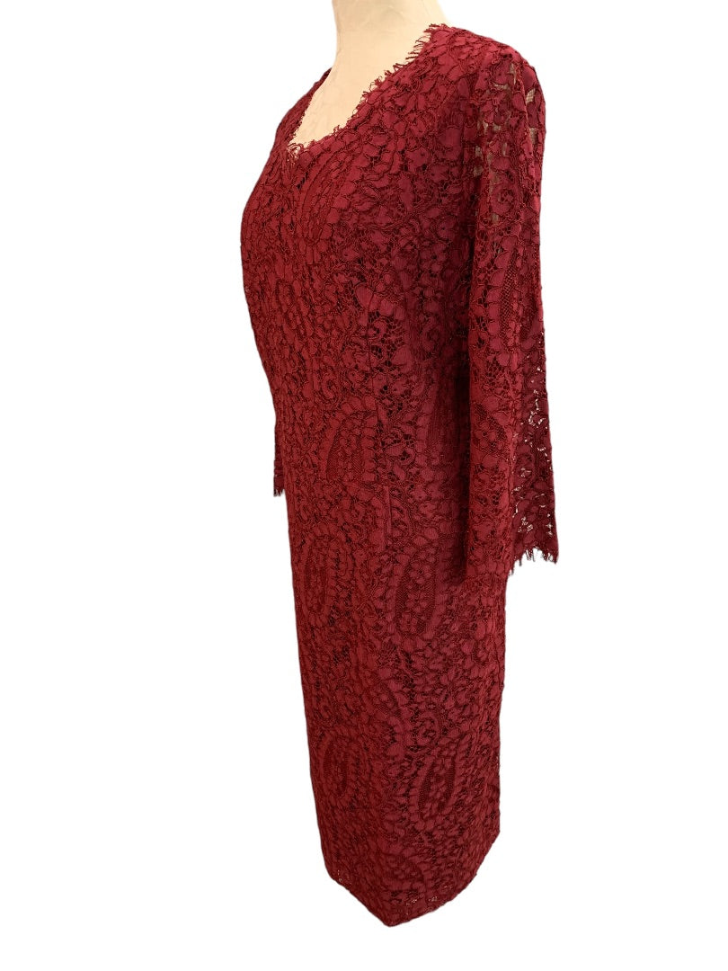 Size 16W Talbots Woman Burgundy Paisley Dress Lined Sheath Long Sleeve