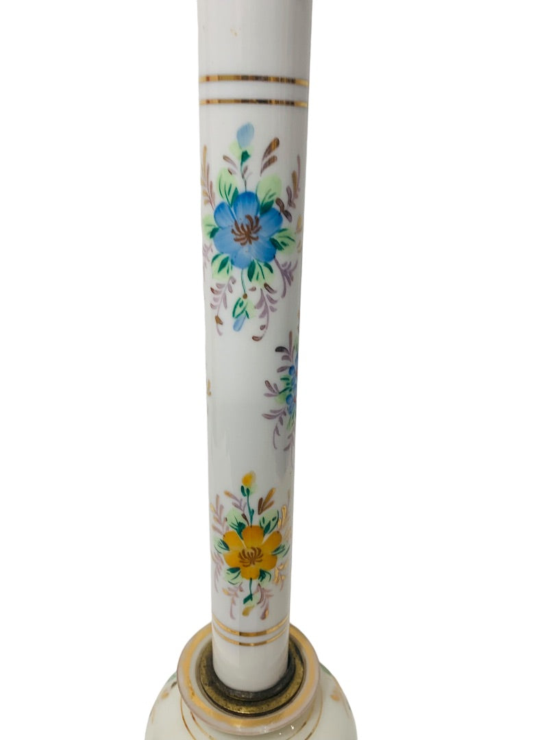 Vintage Milk Glass Painted Floral Table Lamp Blue Yellow Gold Trim Works 18.75"h